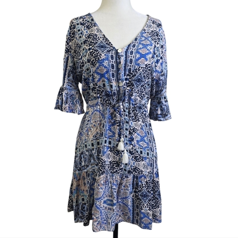 J Valdi  Boho print dress with tie on the waist
